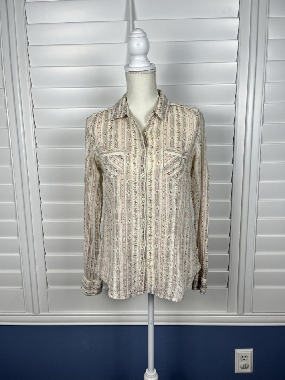 American Rag Cie Boho Floral Stripe Cotton Button Up Shirt Women’s M